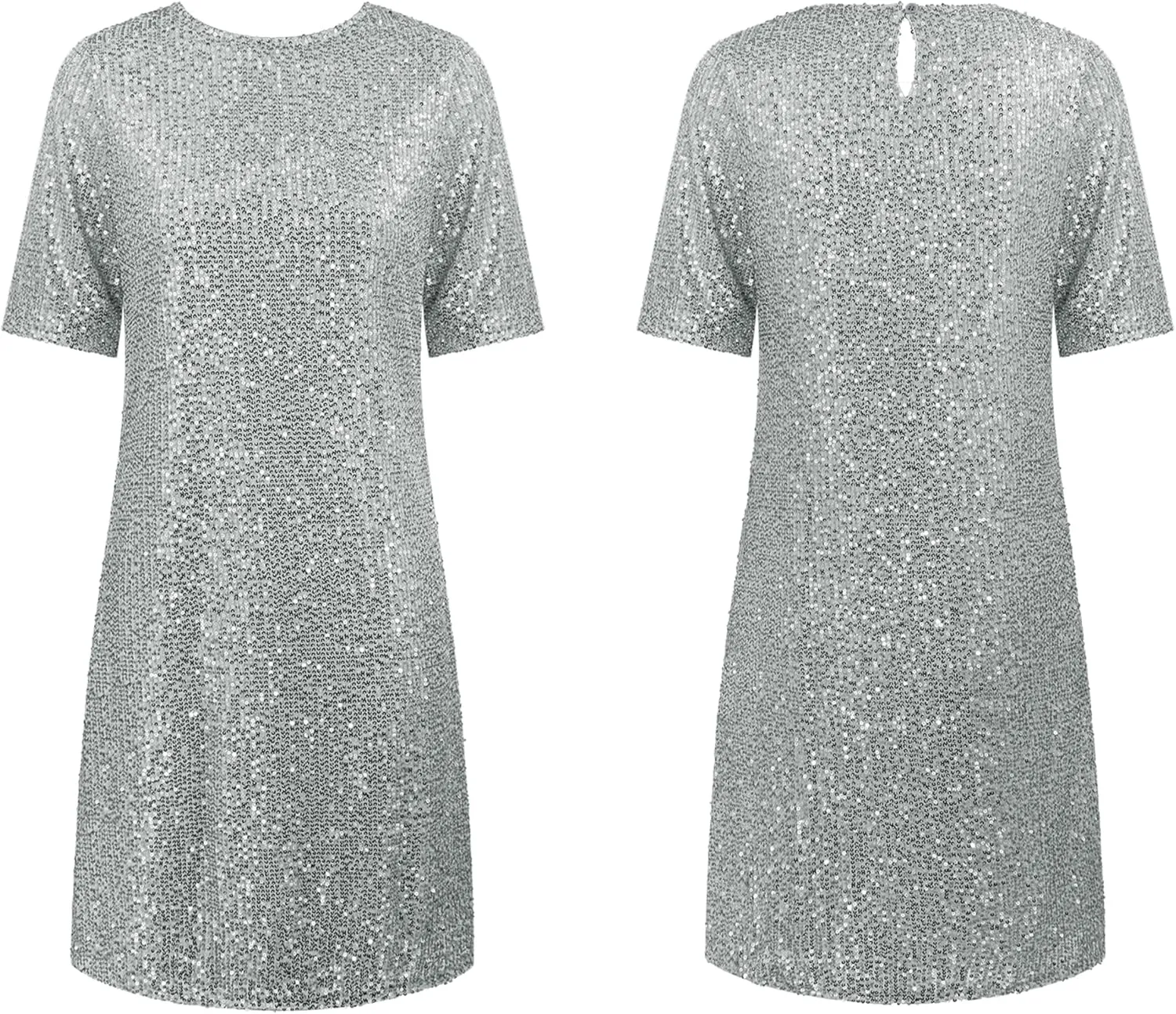 R.Vivimos Women's Loose Party Sparkly Sequin Dress Short Sleeve Back Button Crew Neck Glitter Mini Shift Dress Clubwear