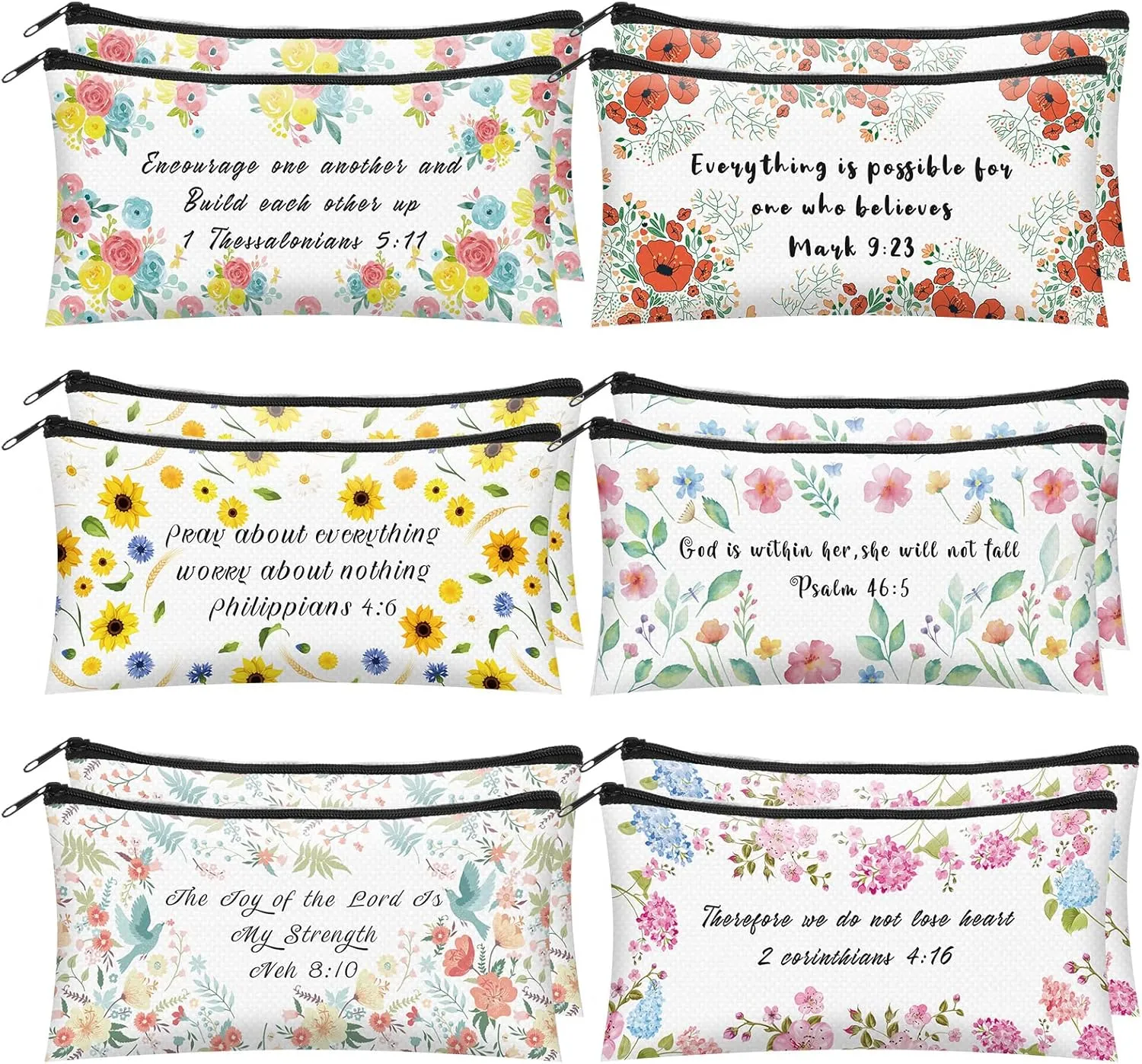Sabary 12 Pcs Christian Pencil Pouch Bible Verse Makeup Bag Christian Gifts for Women Bulk Inspirational Bible Flower Cosmetic Bags Religious Church Gifts for Mom Sister(7.8 x 3.8 Inch)