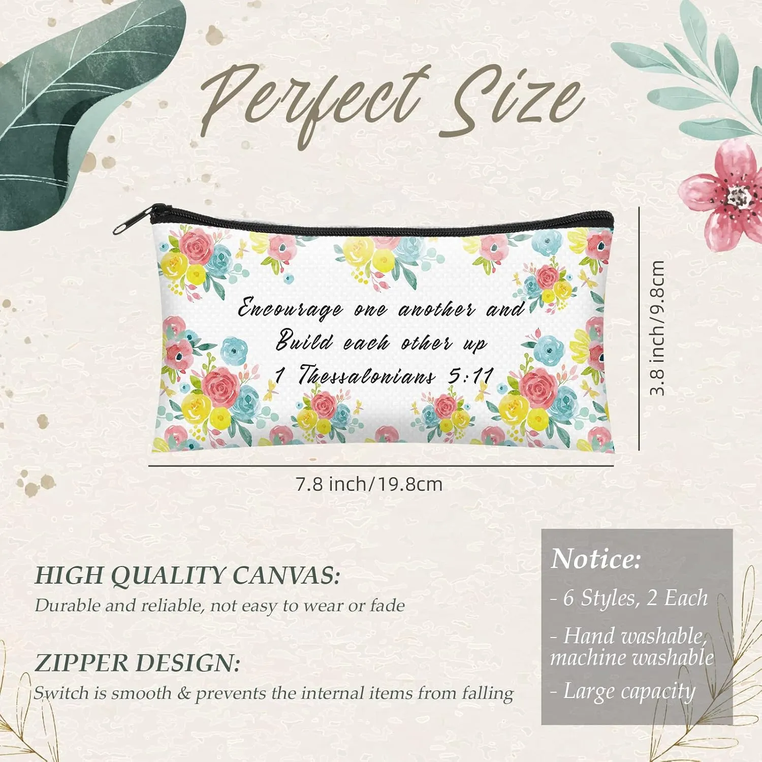 Sabary 12 Pcs Christian Pencil Pouch Bible Verse Makeup Bag Christian Gifts for Women Bulk Inspirational Bible Flower Cosmetic Bags Religious Church Gifts for Mom Sister(7.8 x 3.8 Inch)