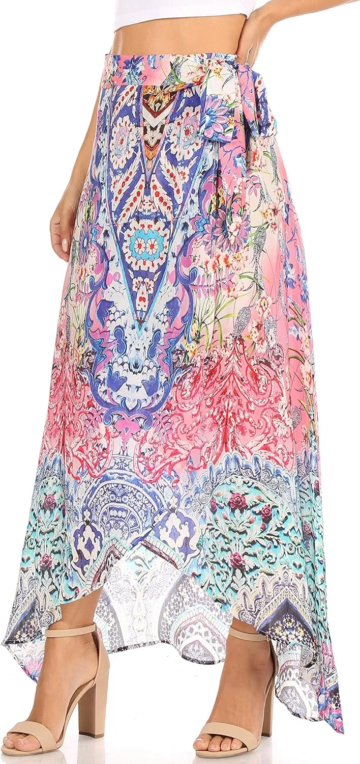 Sakkas Amaia Women's Maxi Floral Print Boho Summer Casual Long Wrap Skirt Cover-up