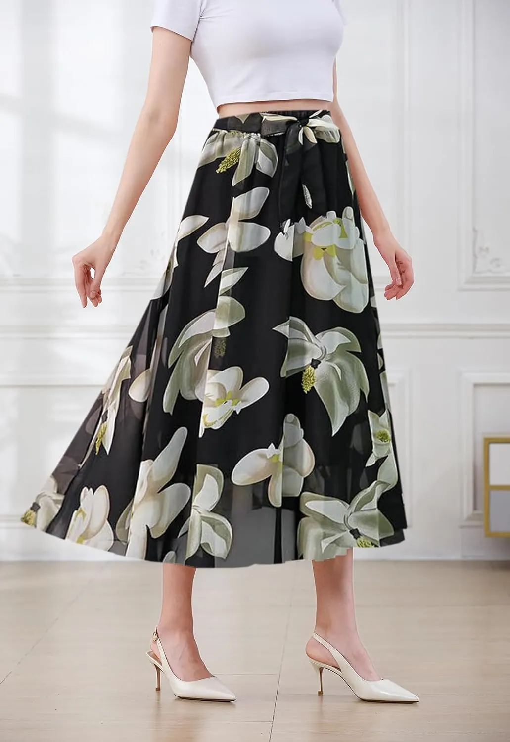 SANGTREE Women's Chiffon Skirt Flowy Floral Midi Maxi Elastic Pleated High Waist Swing Printed Belted Skirt