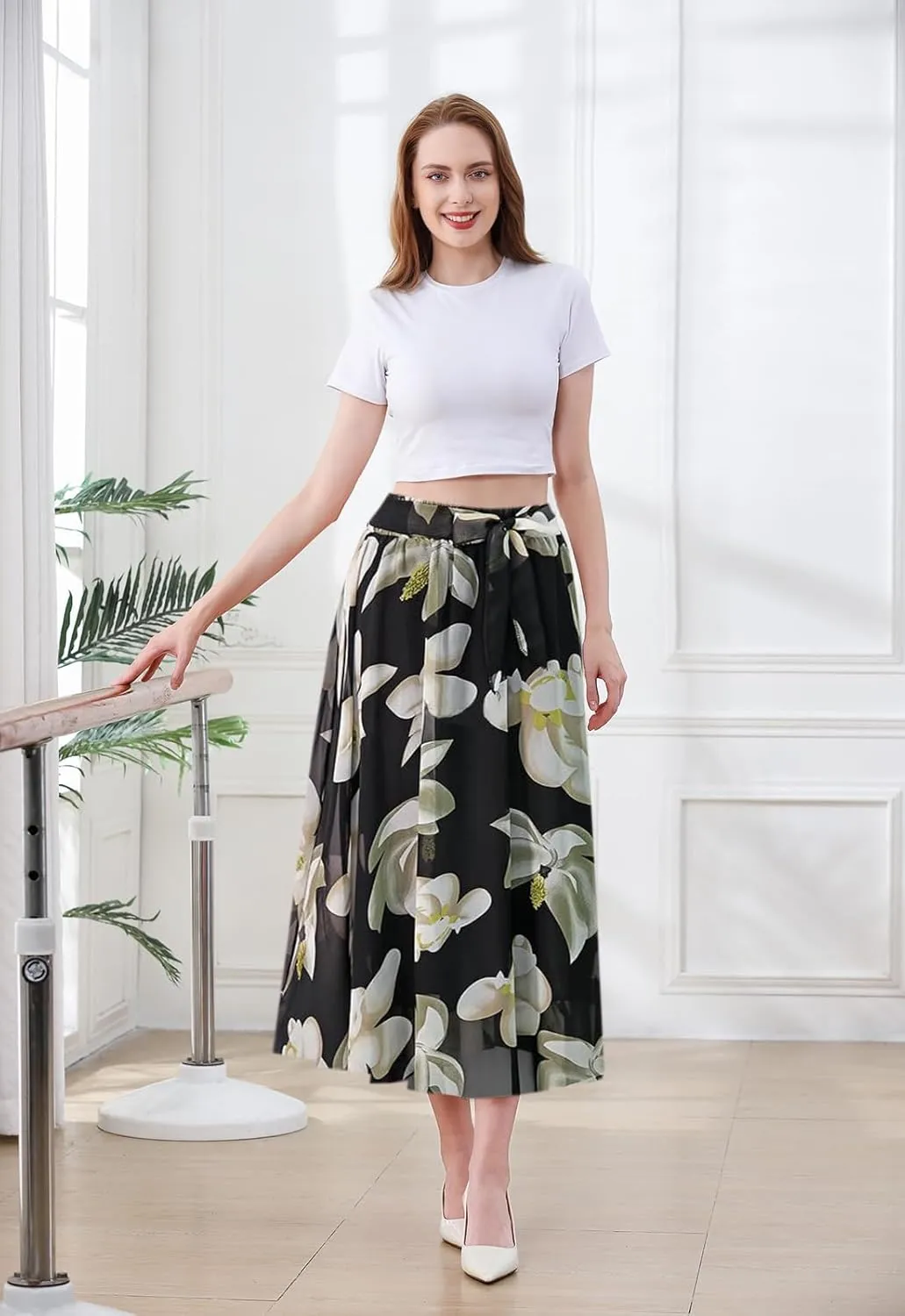 SANGTREE Women's Chiffon Skirt Flowy Floral Midi Maxi Elastic Pleated High Waist Swing Printed Belted Skirt