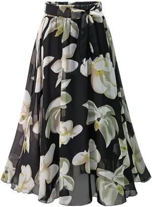 SANGTREE Women's Chiffon Skirt Flowy Floral Midi Maxi Elastic Pleated High Waist Swing Printed Belted Skirt