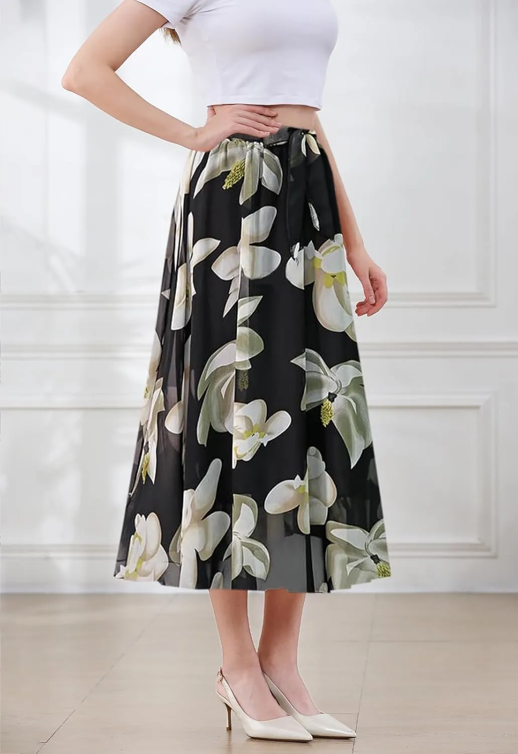 SANGTREE Women's Chiffon Skirt Flowy Floral Midi Maxi Elastic Pleated High Waist Swing Printed Belted Skirt