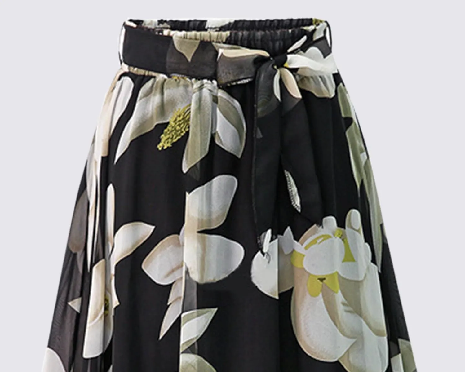 SANGTREE Women's Chiffon Skirt Flowy Floral Midi Maxi Elastic Pleated High Waist Swing Printed Belted Skirt