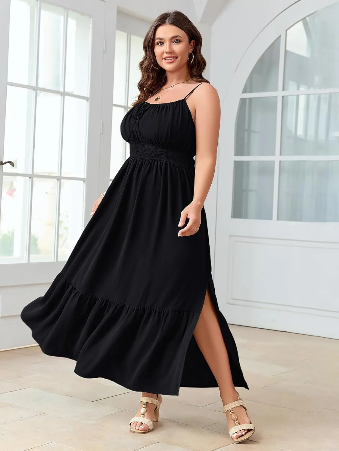 SCOMCHIC Plus Size Summer Boho Dresses Spaghetti Strap Sleeveless Casual Sundress Smocked Flowy Slit Beach Maxi Dress