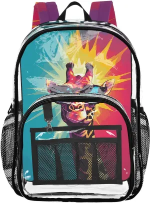 senya Transparent School Bag Cool Giraffe Wearing Sunglasses Travel Backpack With Water-Resistant PVC Plastic Clear Bagpack