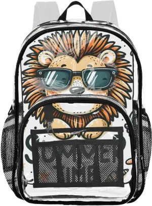 senya Transparent School Bag Funny Lion in Sunglasses Travel Backpack With Water-Resistant PVC Plastic Clear Bagpack
