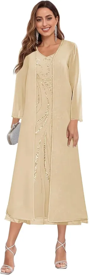 Sequin Chiffon Mother of The Bride Dresses with Jackets for Wedding Tea Length Dresses for Women Formal