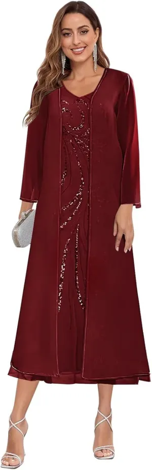 Sequin Chiffon Mother of The Bride Dresses with Jackets for Wedding Tea Length Dresses for Women Formal