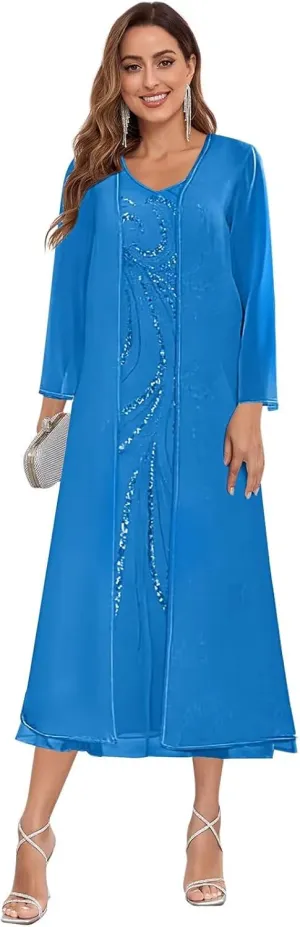 Sequin Chiffon Mother of The Bride Dresses with Jackets for Wedding Tea Length Dresses for Women Formal