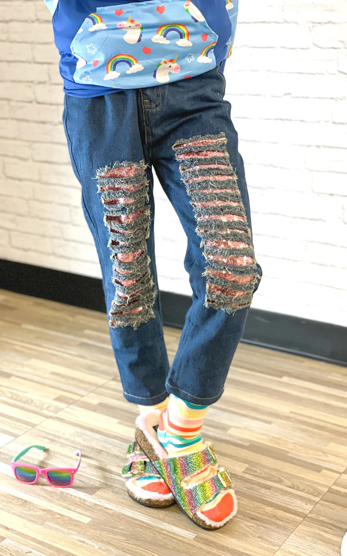 Sequin Distressed Denim - Pink