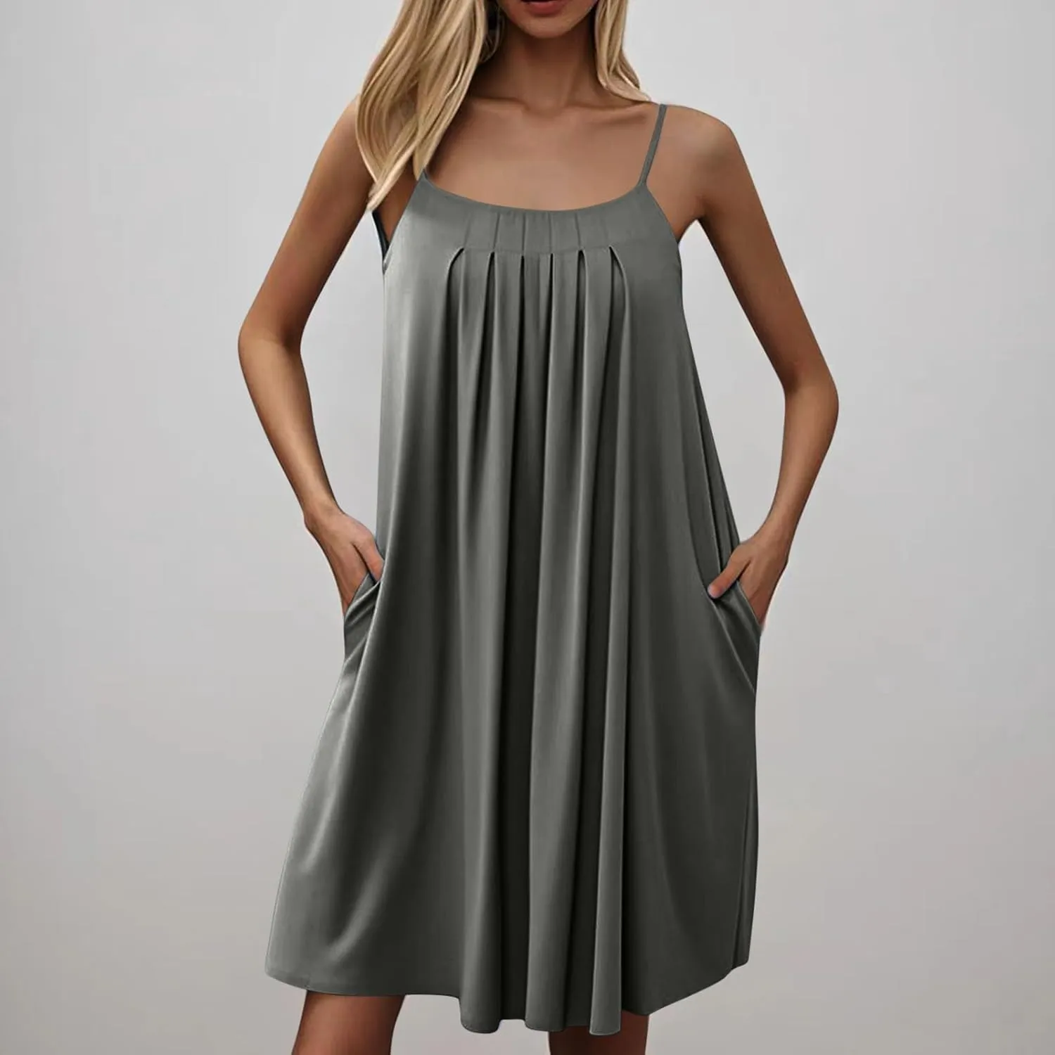Sexy Spaghetti Strap Sundresses for Women 2025 Beach Vacation Sleeveless Tank Mini Dress Pleated Front Loose Outfits
