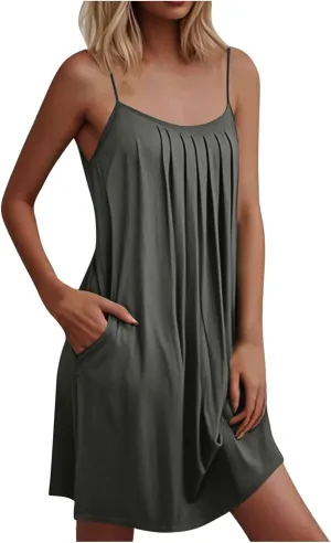 Sexy Spaghetti Strap Sundresses for Women 2025 Beach Vacation Sleeveless Tank Mini Dress Pleated Front Loose Outfits