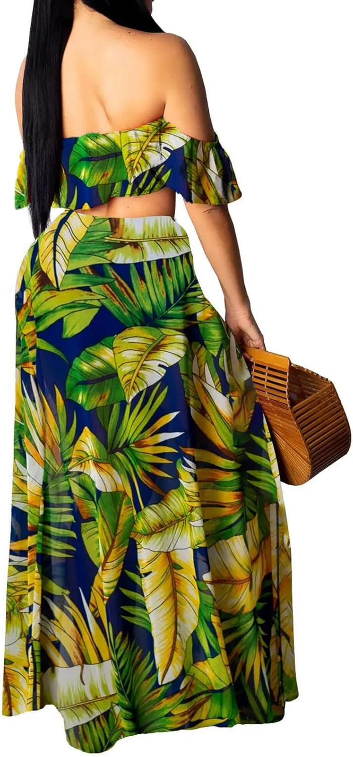 Sexy Two Piece Sets for Women Vacation Elegant Sleeveless Top Long Split Maxi Dress Beach Swimwear
