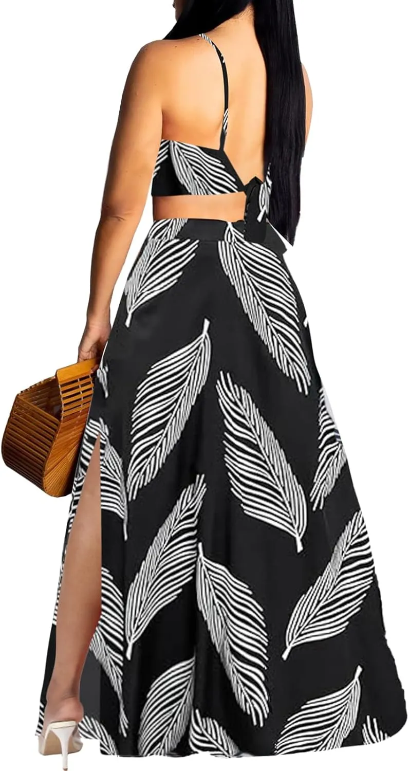 Sexy Two Piece Sets for Women Vacation Elegant Sleeveless Top Long Split Maxi Dress Beach Swimwear