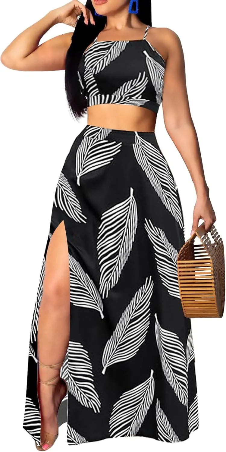 Sexy Two Piece Sets for Women Vacation Elegant Sleeveless Top Long Split Maxi Dress Beach Swimwear