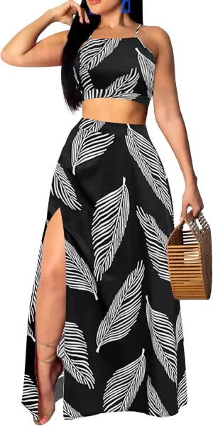 Sexy Two Piece Sets for Women Vacation Elegant Sleeveless Top Long Split Maxi Dress Beach Swimwear