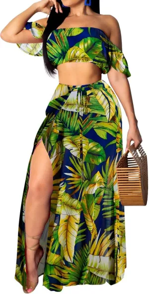 Sexy Two Piece Sets for Women Vacation Elegant Sleeveless Top Long Split Maxi Dress Beach Swimwear