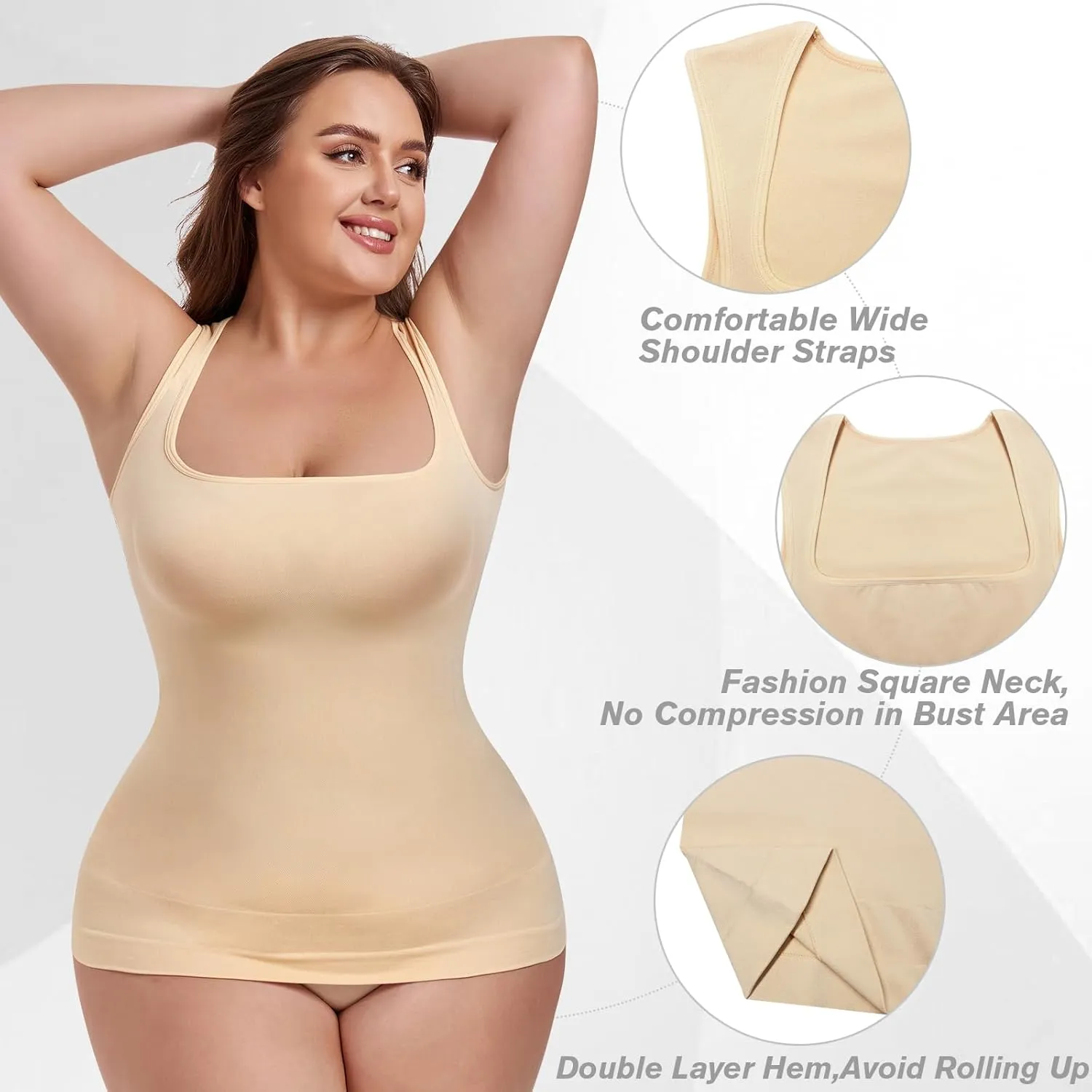 Shapewear Tummy Control Tank Top Compression Tanks for Women Square Neck Seamless Body Shaper Camisole Cami Tops