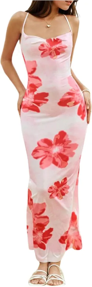 SHENHE Girl's Floral Sundress Cowl Neck Sleeveless Bodycon Summer Boho Maxi Dress