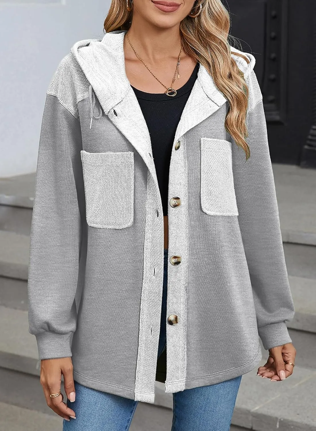 SHEWIN Womens Shacket Casual Fall Jackets Hooded Loose Long Sleeve Tops Button Down Coat