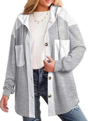 SHEWIN Womens Shacket Casual Fall Jackets Hooded Loose Long Sleeve Tops Button Down Coat