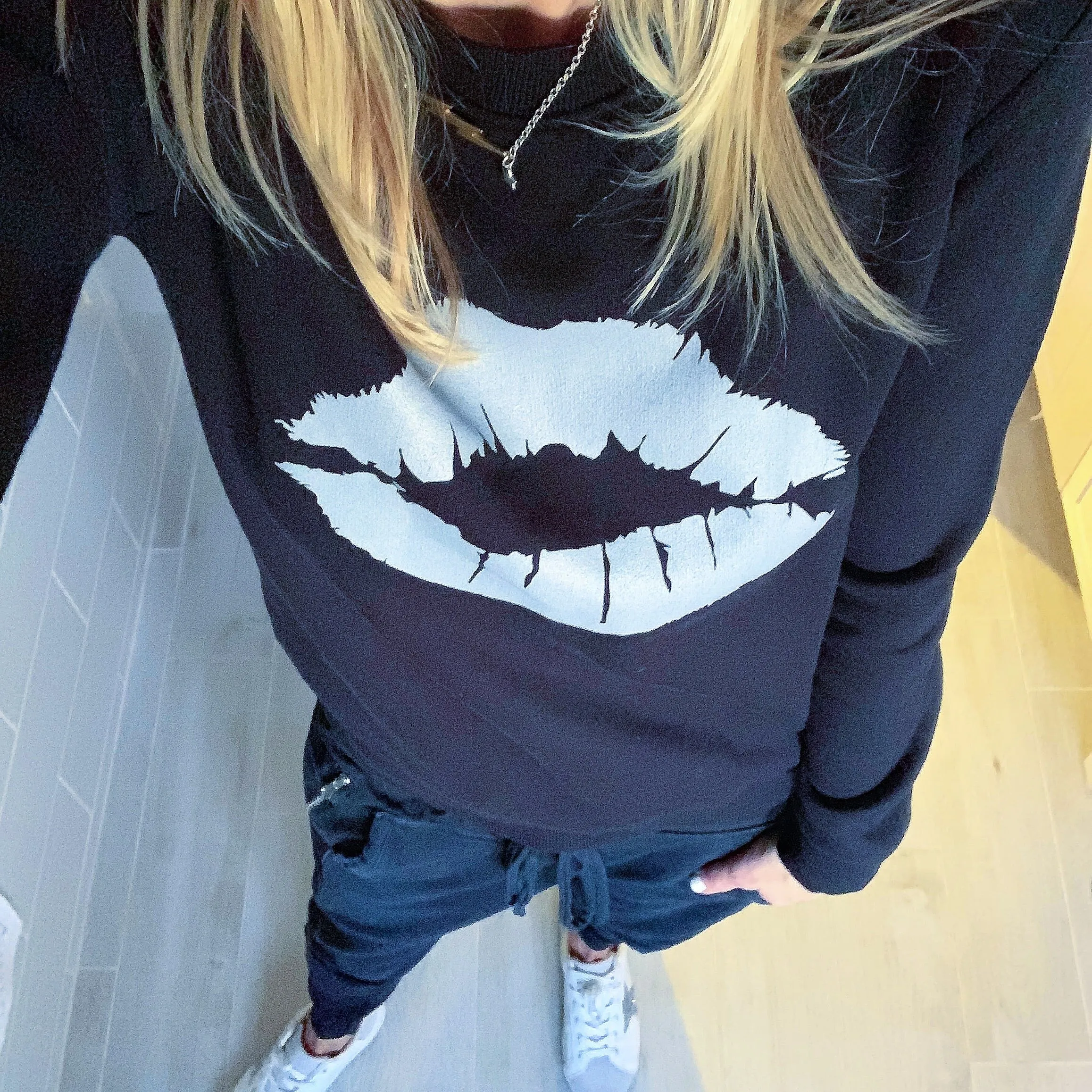 Silver grey glittery lips black sweatshirt *fitted style*