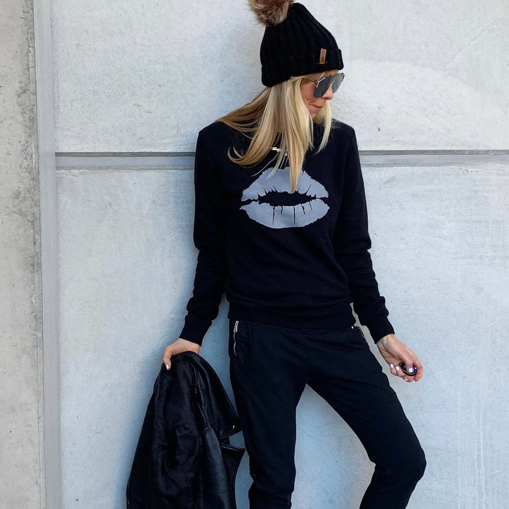 Silver grey glittery lips black sweatshirt *fitted style*