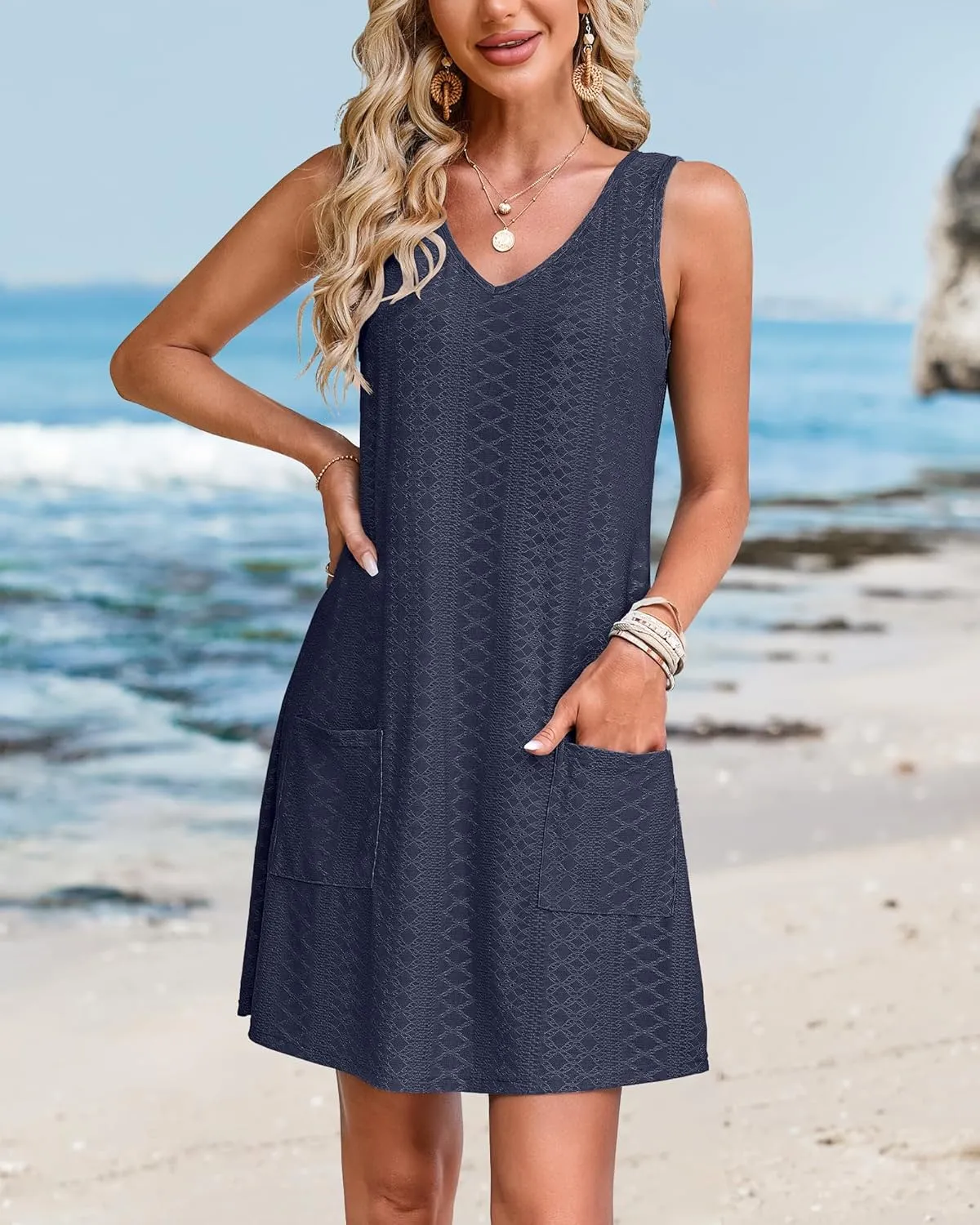 SimpleFun Women's Swimsuit Coverup Eyelet Sleeveless Bathing Suit Cover Up Swimwear Beach Cover Ups Tank Dress with Pockets