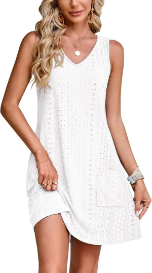SimpleFun Women's Swimsuit Coverup Eyelet Sleeveless Bathing Suit Cover Up Swimwear Beach Cover Ups Tank Dress with Pockets