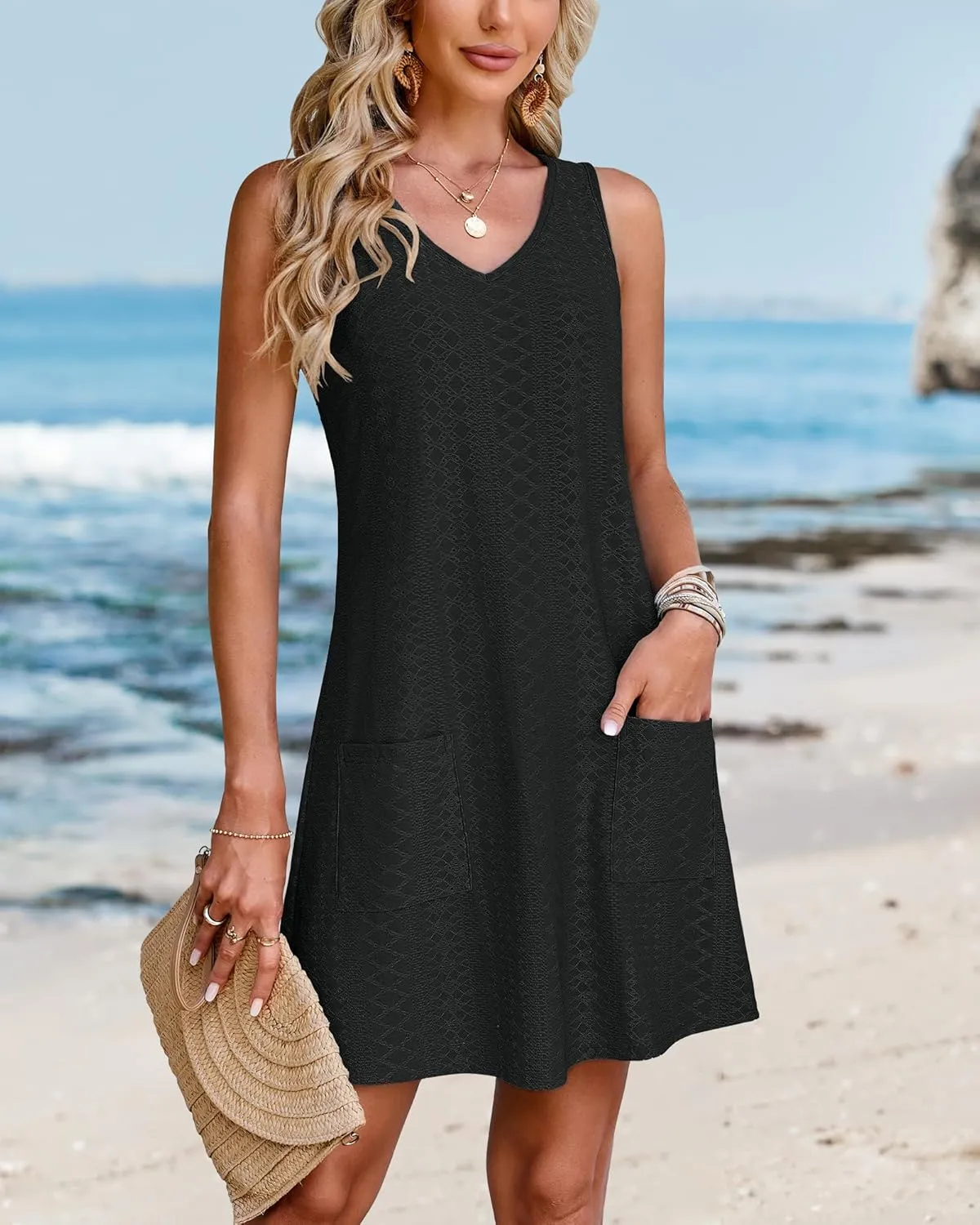 SimpleFun Women's Swimsuit Coverup Eyelet Sleeveless Bathing Suit Cover Up Swimwear Beach Cover Ups Tank Dress with Pockets