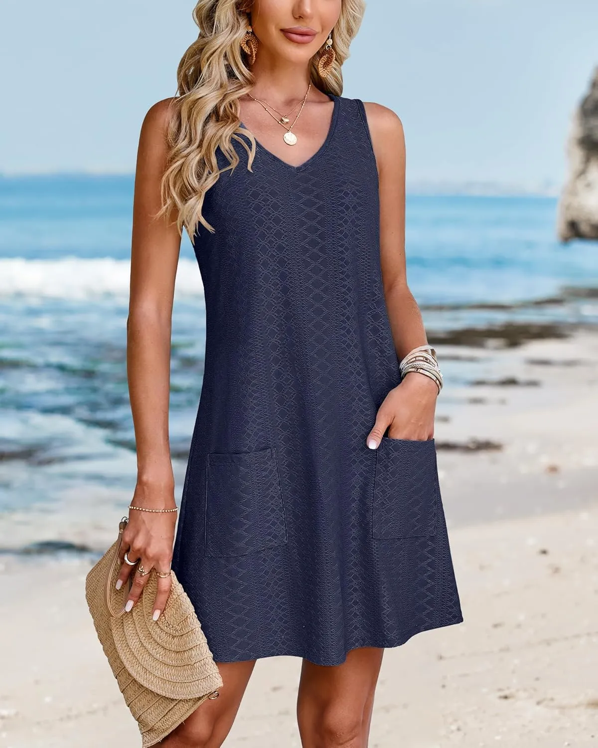SimpleFun Women's Swimsuit Coverup Eyelet Sleeveless Bathing Suit Cover Up Swimwear Beach Cover Ups Tank Dress with Pockets
