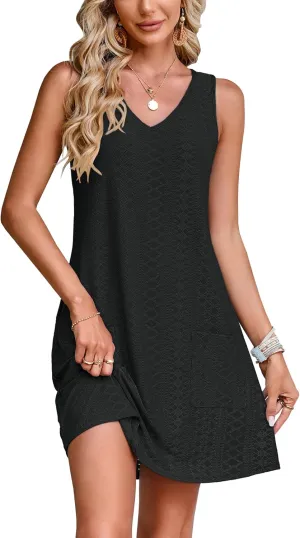 SimpleFun Women's Swimsuit Coverup Eyelet Sleeveless Bathing Suit Cover Up Swimwear Beach Cover Ups Tank Dress with Pockets