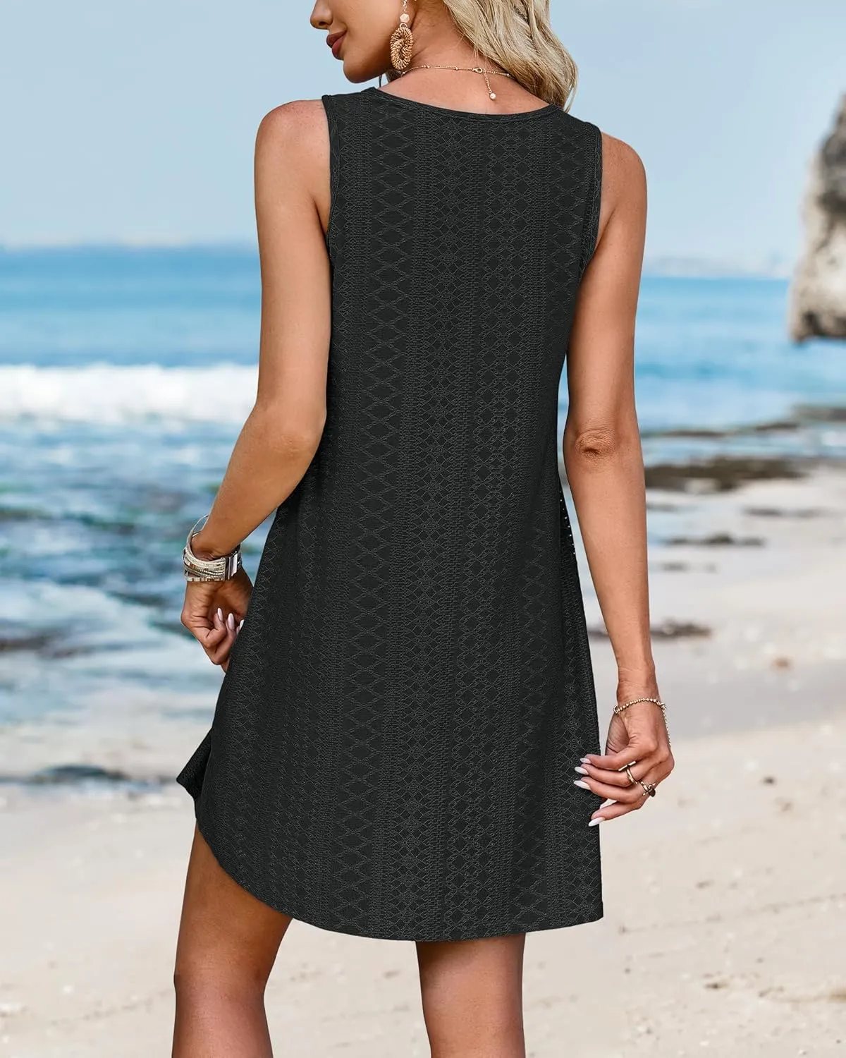 SimpleFun Women's Swimsuit Coverup Eyelet Sleeveless Bathing Suit Cover Up Swimwear Beach Cover Ups Tank Dress with Pockets