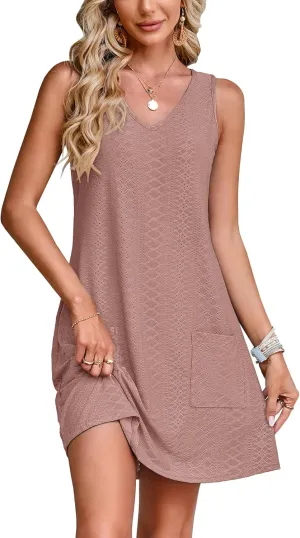SimpleFun Women's Swimsuit Coverup Eyelet Sleeveless Bathing Suit Cover Up Swimwear Beach Cover Ups Tank Dress with Pockets
