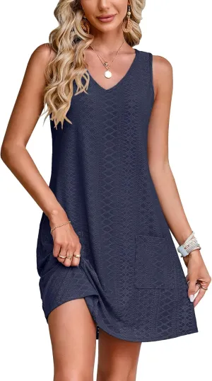 SimpleFun Women's Swimsuit Coverup Eyelet Sleeveless Bathing Suit Cover Up Swimwear Beach Cover Ups Tank Dress with Pockets