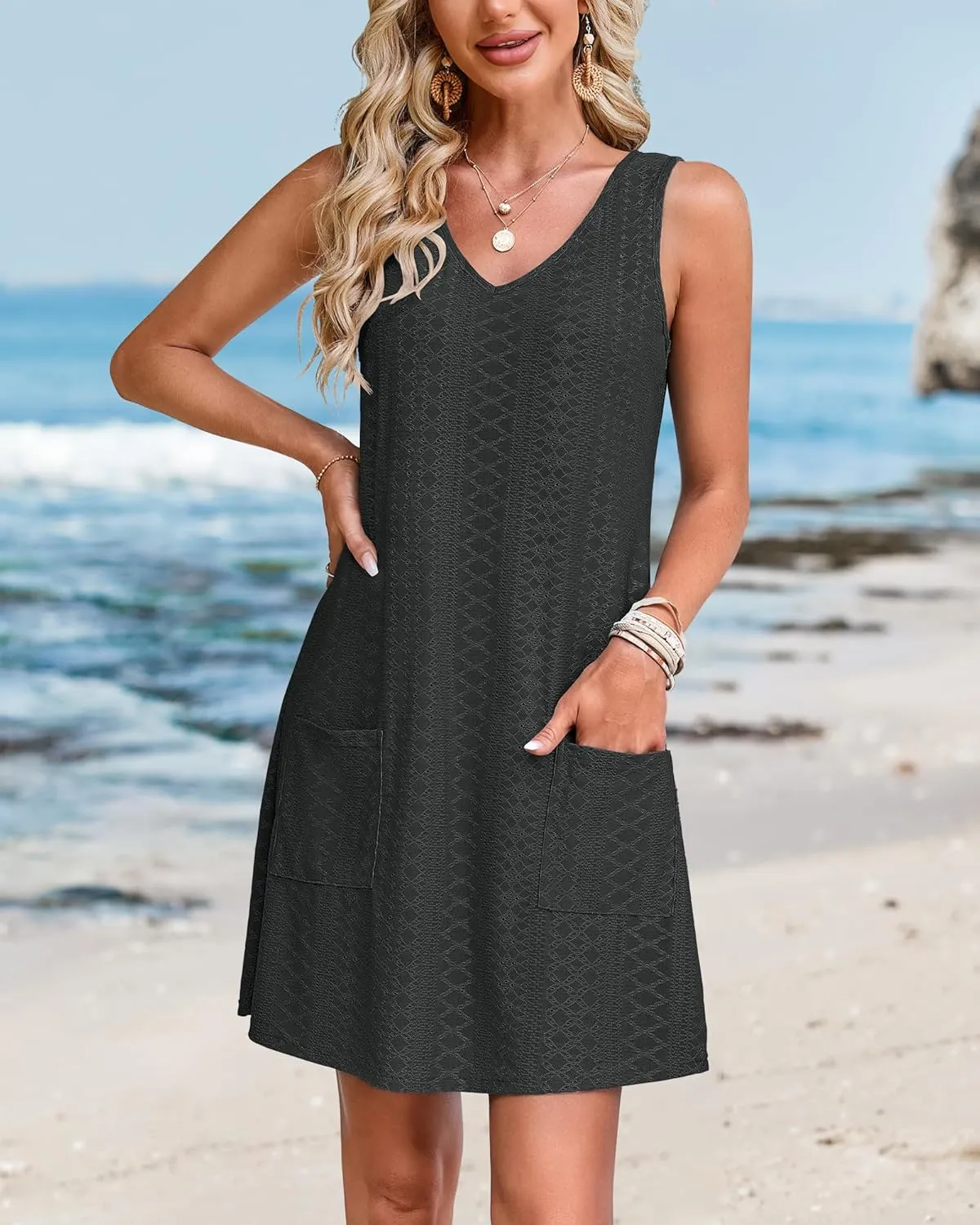 SimpleFun Women's Swimsuit Coverup Eyelet Sleeveless Bathing Suit Cover Up Swimwear Beach Cover Ups Tank Dress with Pockets