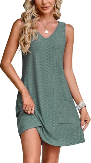 SimpleFun Women's Swimsuit Coverup Eyelet Sleeveless Bathing Suit Cover Up Swimwear Beach Cover Ups Tank Dress with Pockets