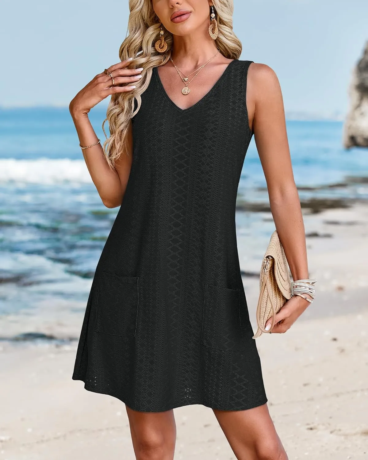 SimpleFun Women's Swimsuit Coverup Eyelet Sleeveless Bathing Suit Cover Up Swimwear Beach Cover Ups Tank Dress with Pockets