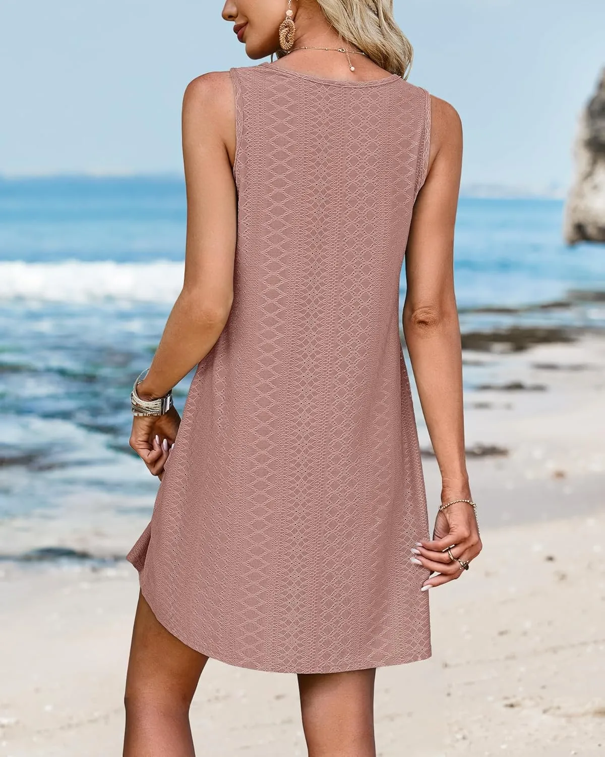 SimpleFun Women's Swimsuit Coverup Eyelet Sleeveless Bathing Suit Cover Up Swimwear Beach Cover Ups Tank Dress with Pockets