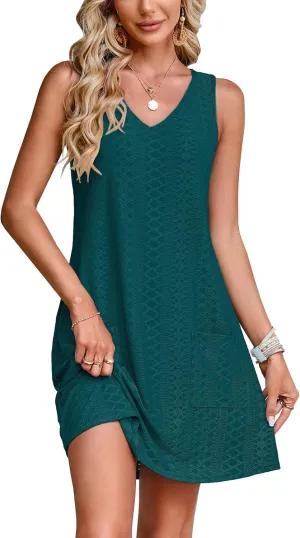 SimpleFun Women's Swimsuit Coverup Eyelet Sleeveless Bathing Suit Cover Up Swimwear Beach Cover Ups Tank Dress with Pockets