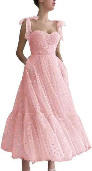 SoDigne Hearty Tulle Prom Dresses Tea Length Spaghetti Straps Formal Evening Party Gowns for Women
