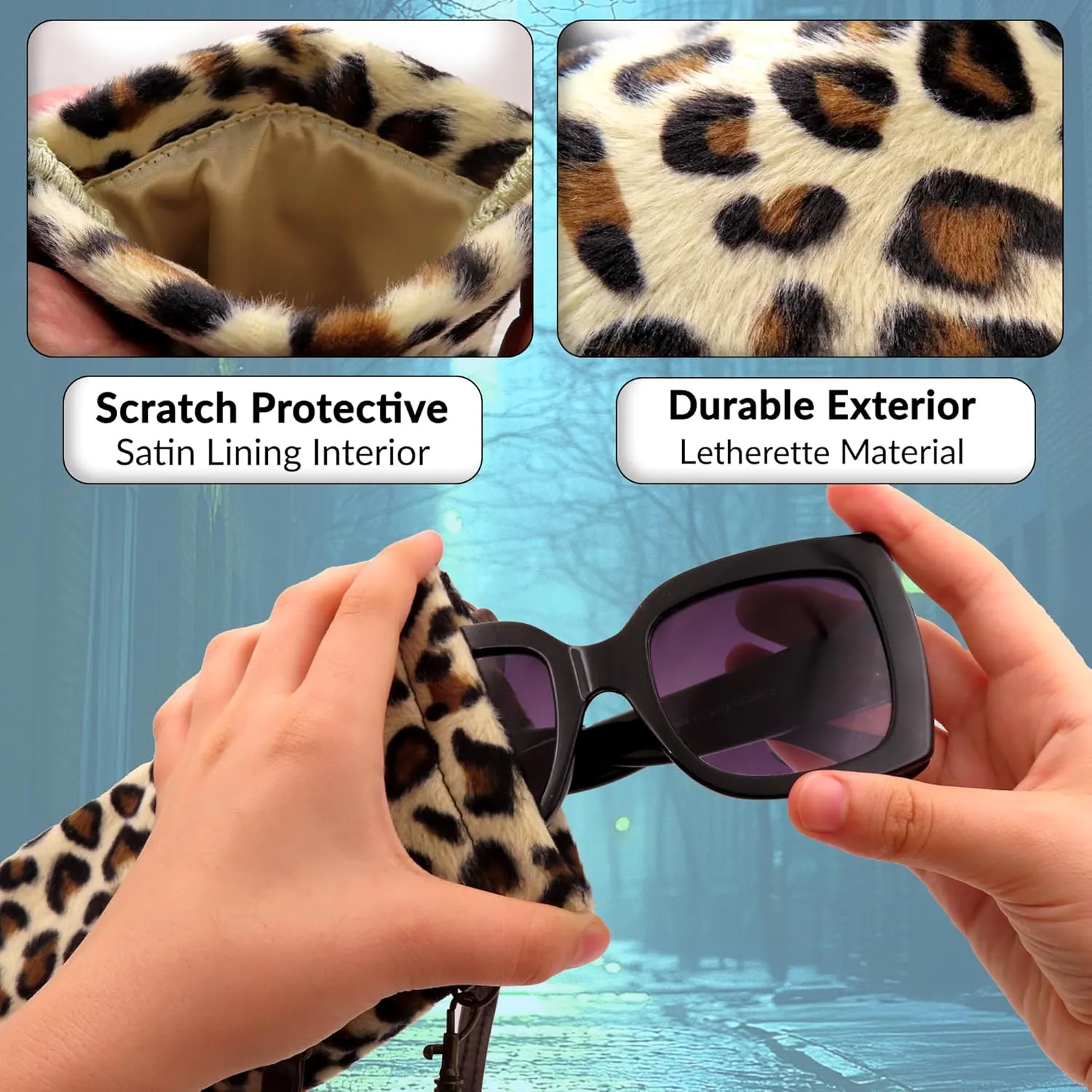 Soft Sunglass Pouch - Extra Large Eyeglasses Holder squeeze top - Glasses Holder Sleeve w/Wristlet lanyard & cleaning cloth