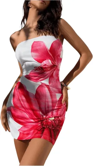 SOLY HUX Women's Floral Print Bodycon Mini Dress Strapless Bandeau Tube Dress Summer Party Dresses