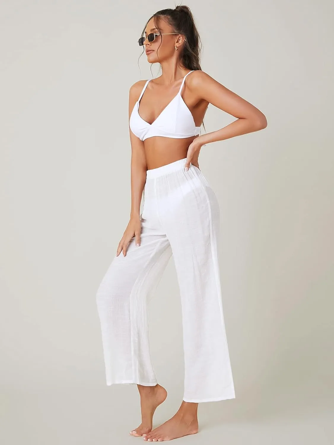 SOLY HUX Women's Sheer Pants High Waist Wide Leg Beach Swimwear Bikini Cover Up Pants