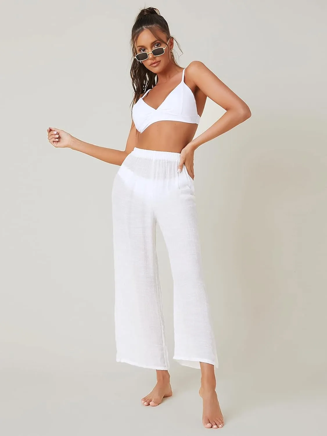 SOLY HUX Women's Sheer Pants High Waist Wide Leg Beach Swimwear Bikini Cover Up Pants