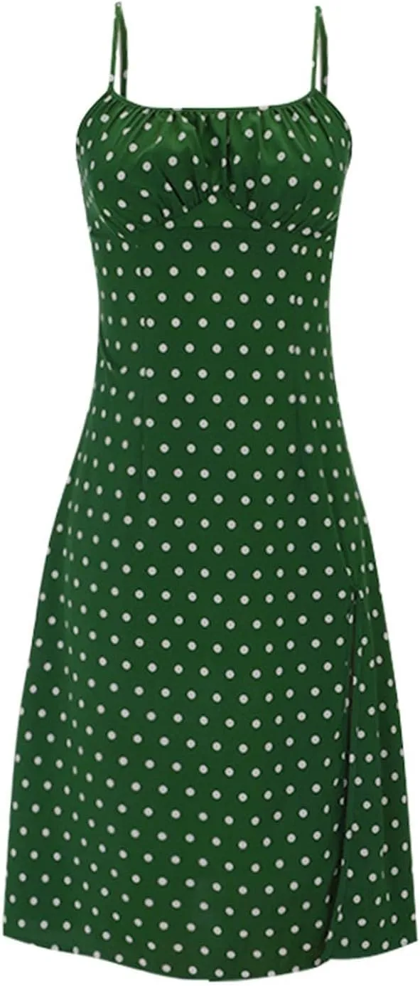 Spaghetti Strap Dresses for Women 2025 Polka Dot Midi Frock Sleeveless Slit Summer Sundress Beach Vacation Dress