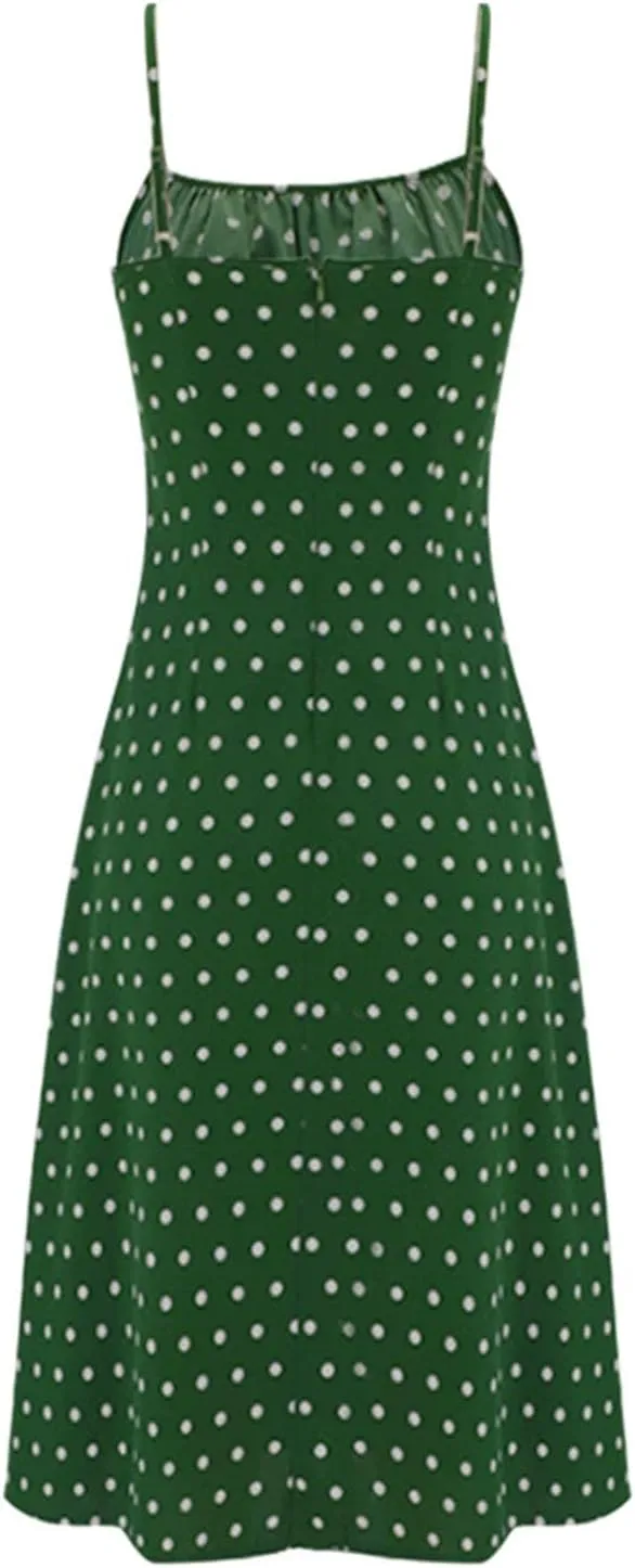 Spaghetti Strap Dresses for Women 2025 Polka Dot Midi Frock Sleeveless Slit Summer Sundress Beach Vacation Dress