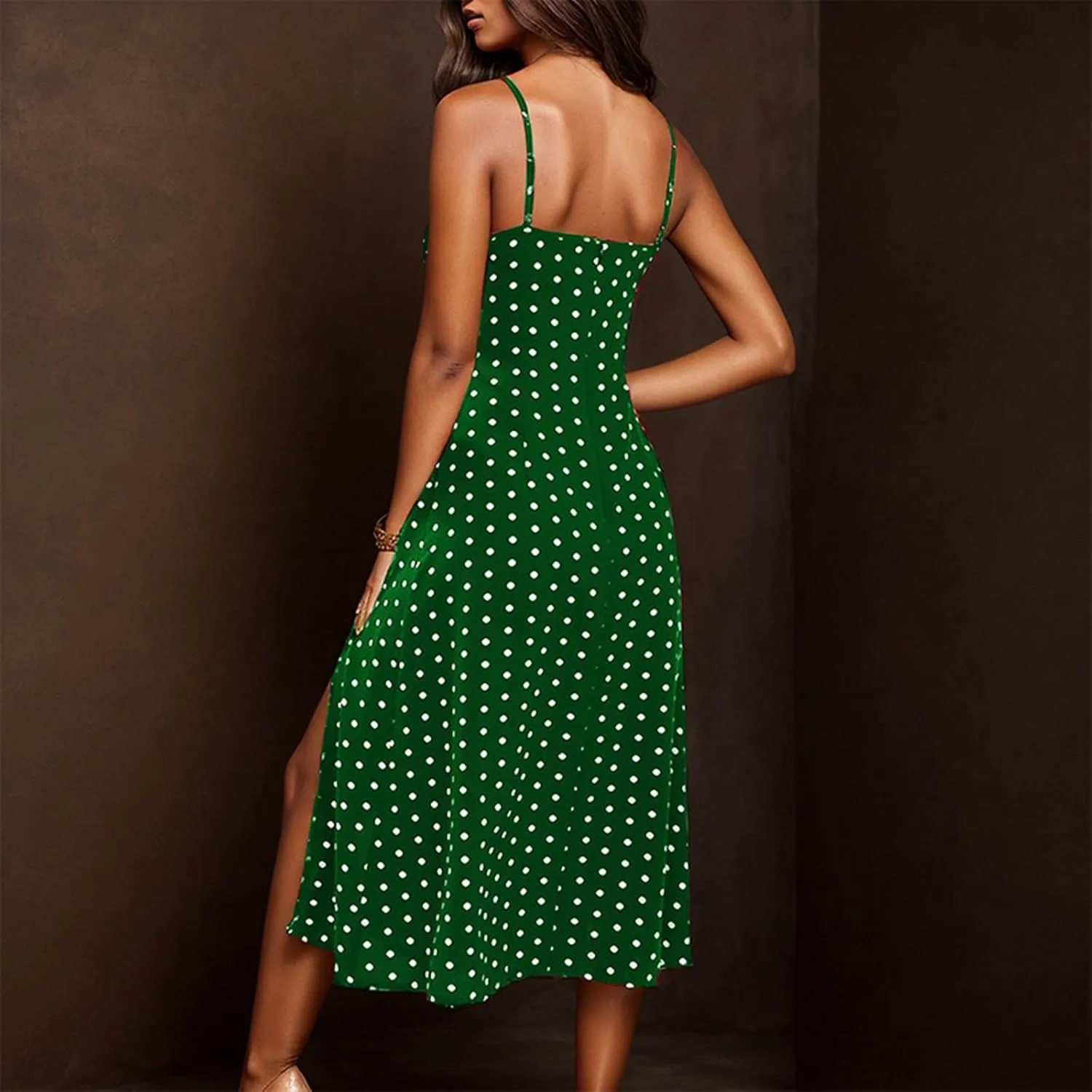 Spaghetti Strap Dresses for Women 2025 Polka Dot Midi Frock Sleeveless Slit Summer Sundress Beach Vacation Dress